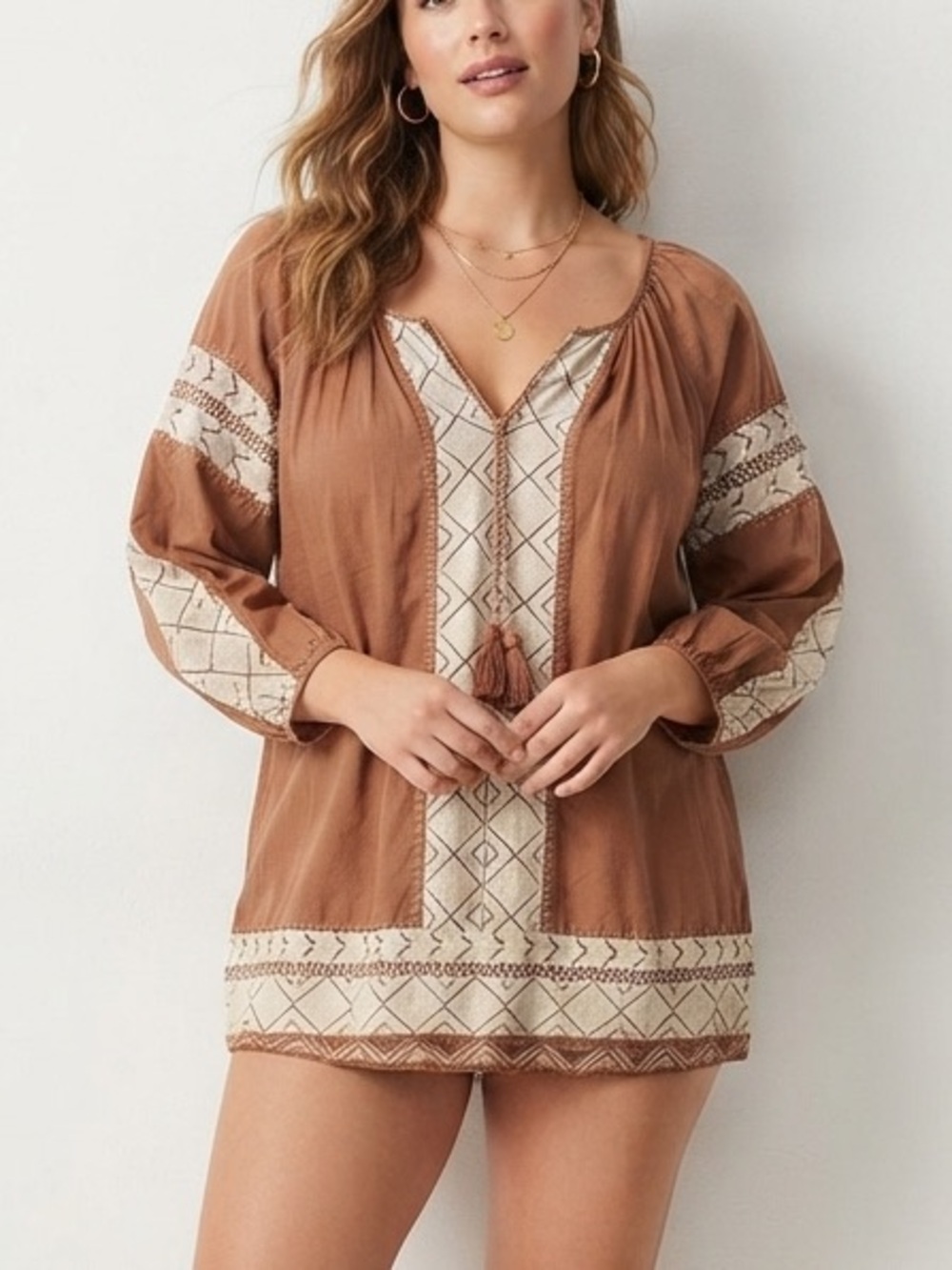 Solitaire 22Women's Geometric Embroidered Tunic Brown XL